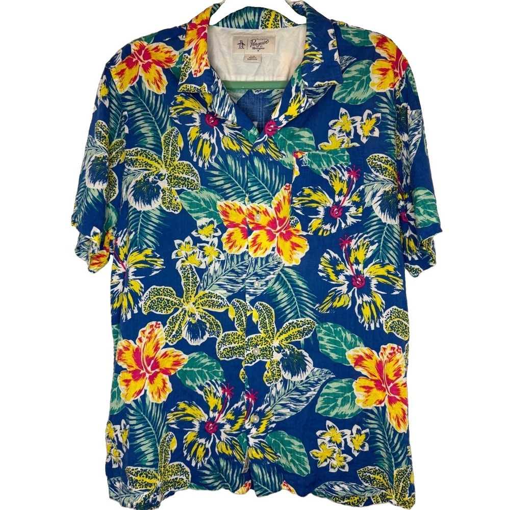 Original Penguin Mens Large Hawaiian Tropical Button Down Blue Floral Shirt